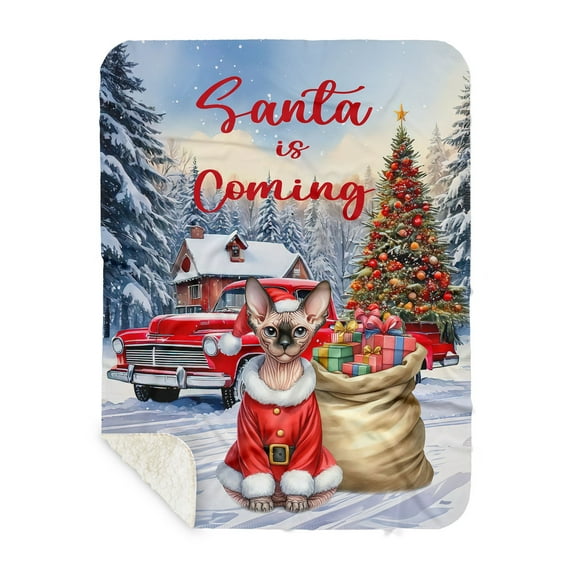 Santa is Coming Sphynx Merry Christmas Xmas Noel Truck Tree Cozy Sherpa Blanket Cat Lover Kitten Owner Gifts Idea Warm Soft Throw Blanket - 02023