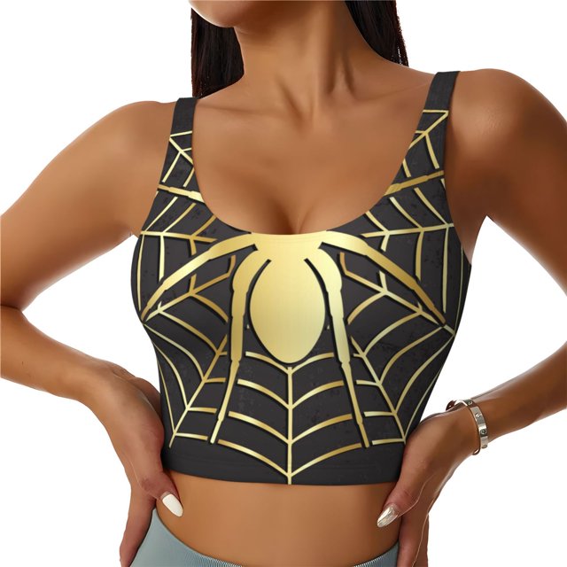 Fotbe Gold Spider On The Web Sujetador Deportivo Largo sin Aros para Mujer con Almohadillas y Soporte Medio, Transpirable y Absorbente, Camiseta Tipo Chaleco o Tank Top-Large