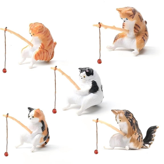VNEKVA Cute Cat Figurines for Aquarium, Mini Fish Tank Decorations, Fishing & Lying Down Cat Models, 5-Piece Set