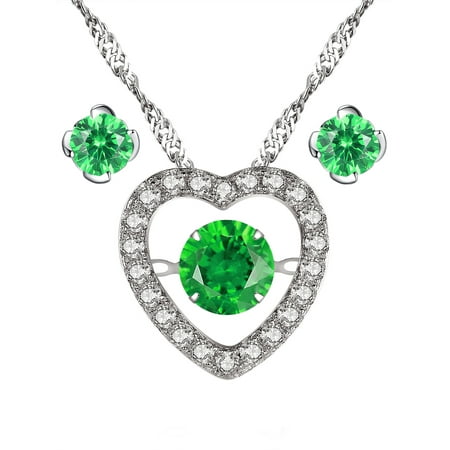 Emerald Jewelry Sets For Women Devuggo 925 Sterling Silver Simulated Emerald Dancing Heart Pendant Necklace and Earrings 3 Pieces Jewelry Set ()