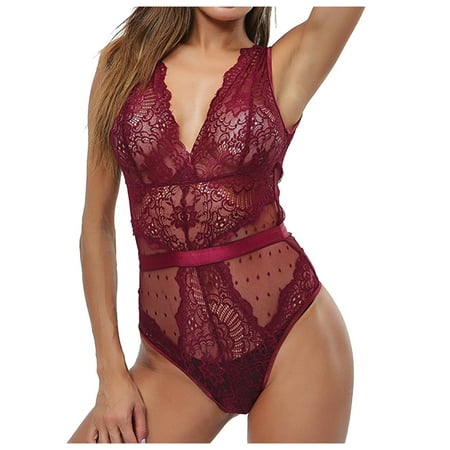 DondPO Lingerie for Women Lingerie Set Sexy Transparent V Underwear Onesie Deep Women Lace Bra Fun Women s Lingerie Sleep & Lounge Sexy Pajama Sexy Lingerie Wine L