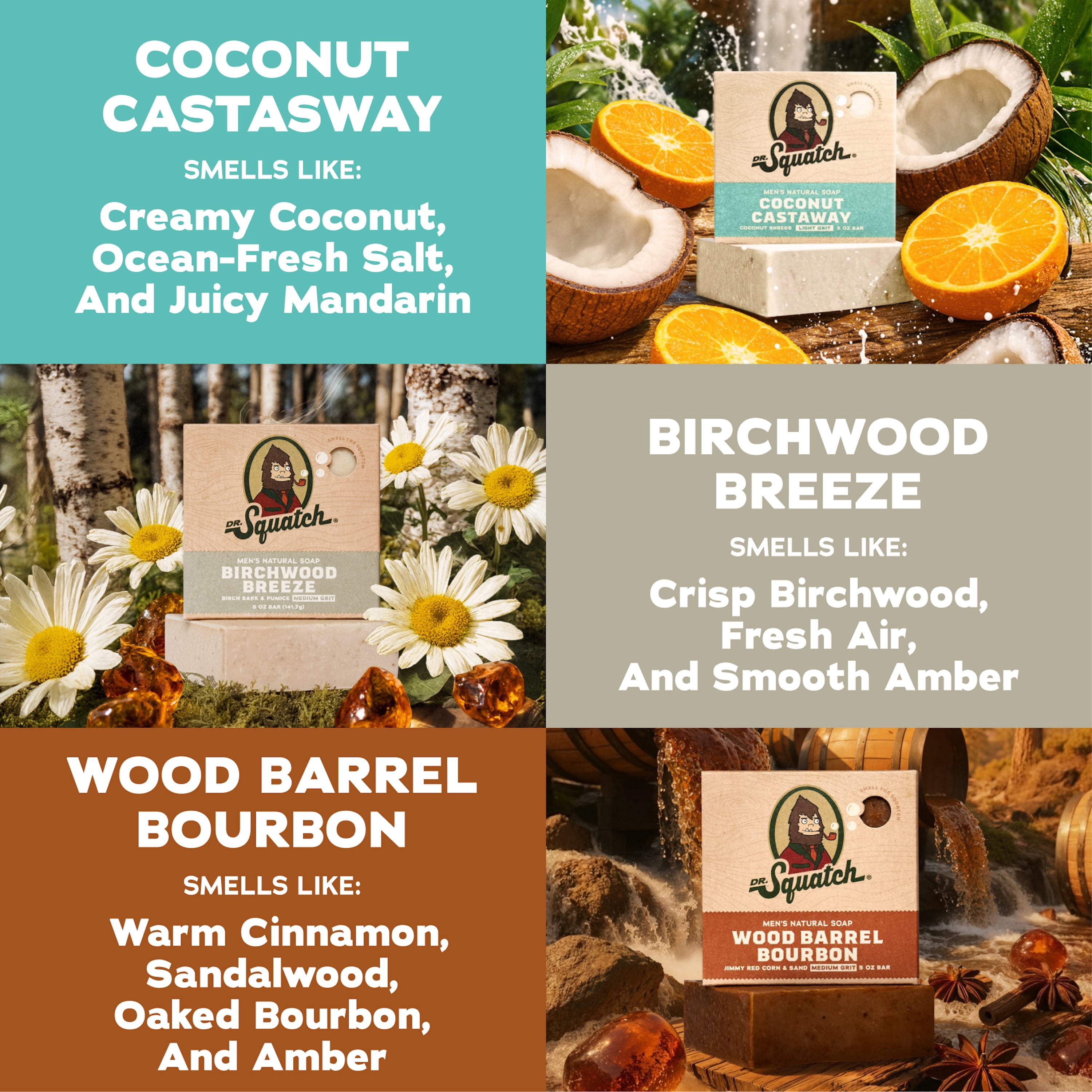 Dr. Squatch  Men's Soap, Natural Bar Soap for Men, Cold Process, Gifts for Men, Coconut Castaway, Wood Barrel Bourbon, Birchwood Breeze, 5 oz, 3-Pack