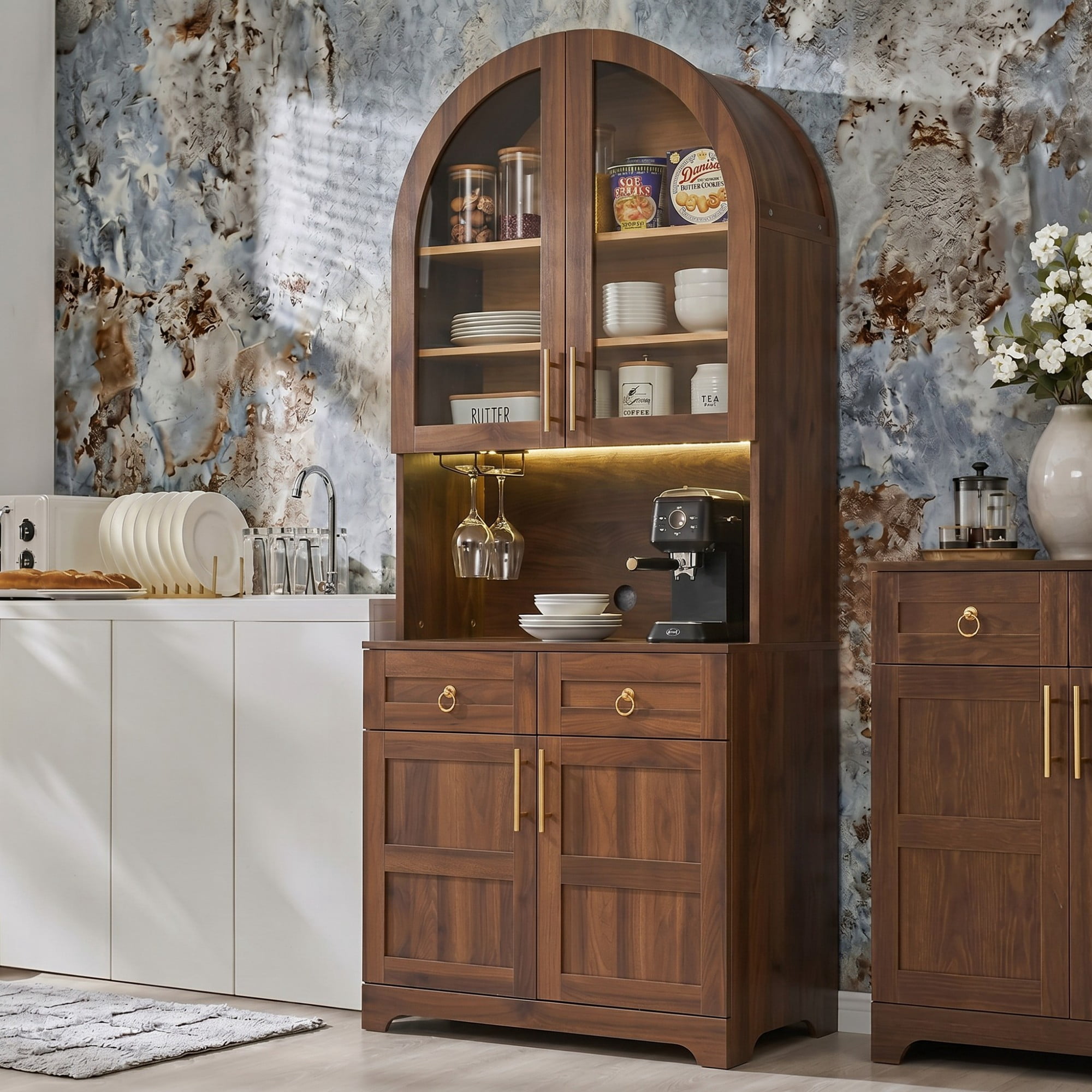 DEALTOPS Freestanding 74.8" Pantry Cabinet with Arched Top, Power Outlets and LED Light, Walnut