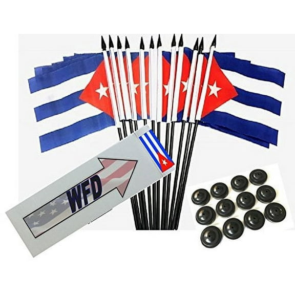 Pack of 12 4"x6" Cuba Polyester Miniature Desk & Little Table Flags, 1 Dozen 4x6 Small Mini Hand Waving Stick Flags with 12 Flag Bases (Flags with Stands)