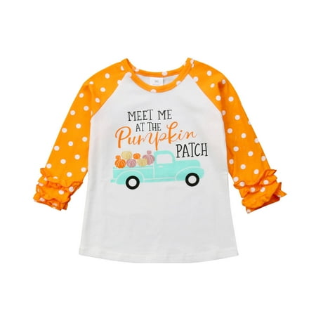 

Little Baby Girls Long Sleeve Halloween T-Shirt Pumpkin Car Holiday Raglan Ruffle Tops