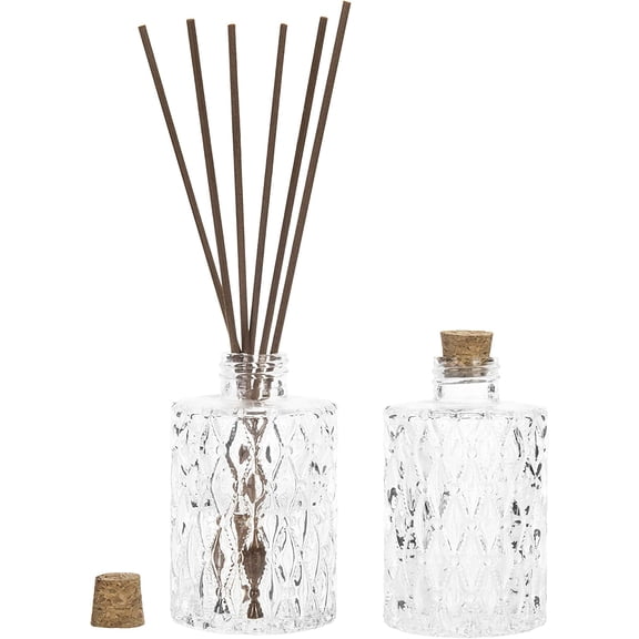 Small Clear Glass Reed Diffuser Bottles, Vintage Embossed Apothecary Style Flower Bud Vases with Cork Lids, Set of 2