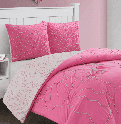 Room Revival 3-Piece Kids Comforter Set with Tufted Embroidery, Pink Flowers and Waves, Full/Queen