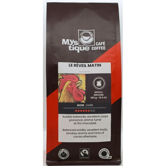 Mystique Coffee, LE RÉVEIL MATIN, Blend, Dark roast, coffee 100% arabica, Specialty Grade Coffee, Fairtrade & Organic, Filter Ground, 300g