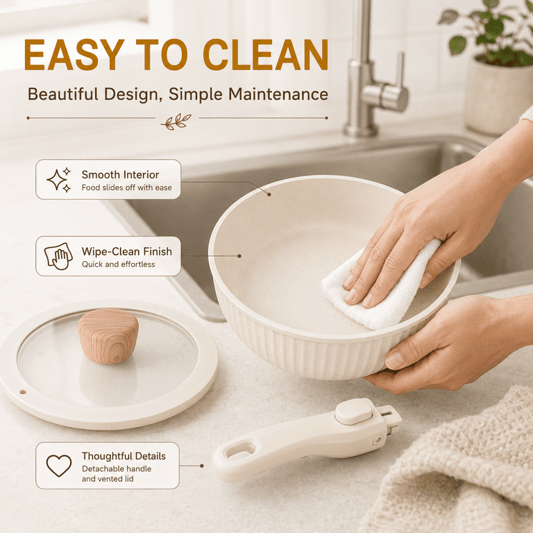 Nulas 22-Piece Cookware Set with Detachable Handle, Cream photo 6