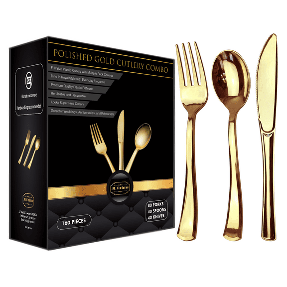 160 Piece Gold Plastic Silverware Set - Reusable & Recyclable - Gold Plastic Utensils for Weddings, Anniversaries, Showers, Parties - 80 Forks, 40 Spoons, 40 Knives - Elegant Cutlery by JL Prime