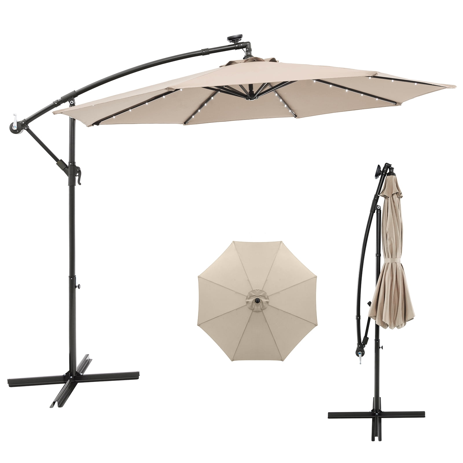 Costway 8.2' Beige Round Cantilever Patio Umbrellas, LED Lights