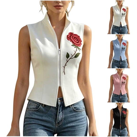 Ihhxva Women's Sleeveless Tank Top Tailored Fit Rose Embroidered Vest Seamless Zip Front Summer Casual Office Blouse Lightweight Cotton S-2XL