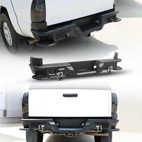 Rear Bumper Compatible with Toyota Tacoma 2005-2015 Heavy Duty Steel Offroad Back Bumper w/D-Rings & LED Pod Lights,w/Side Steps Design,Style 1