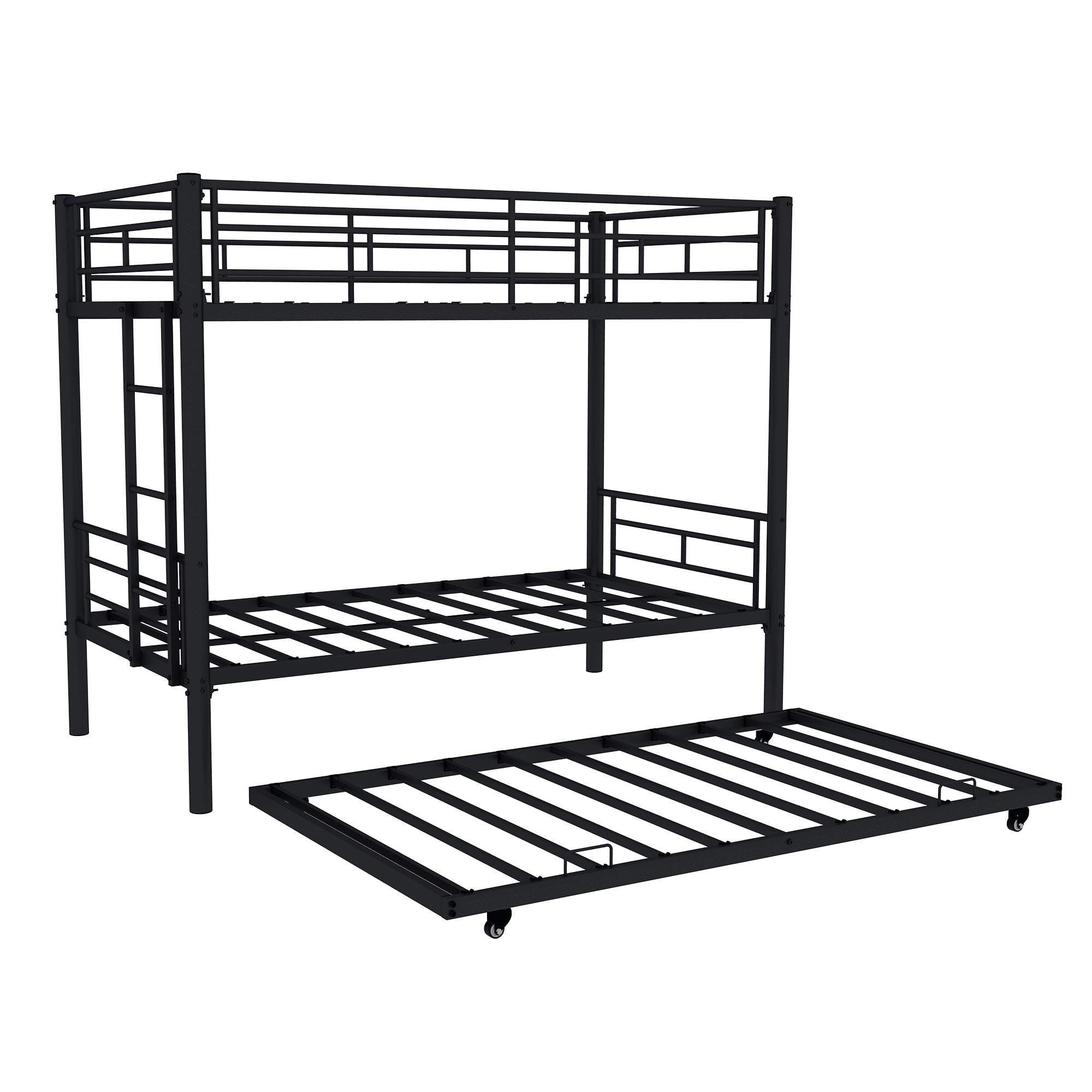 Twin over Twin Bunk Bed with Trundle,Heavy Duty Metal Bed Frame with Sturdy Guardrail for Kids/Adults,Noise Reduced,Black