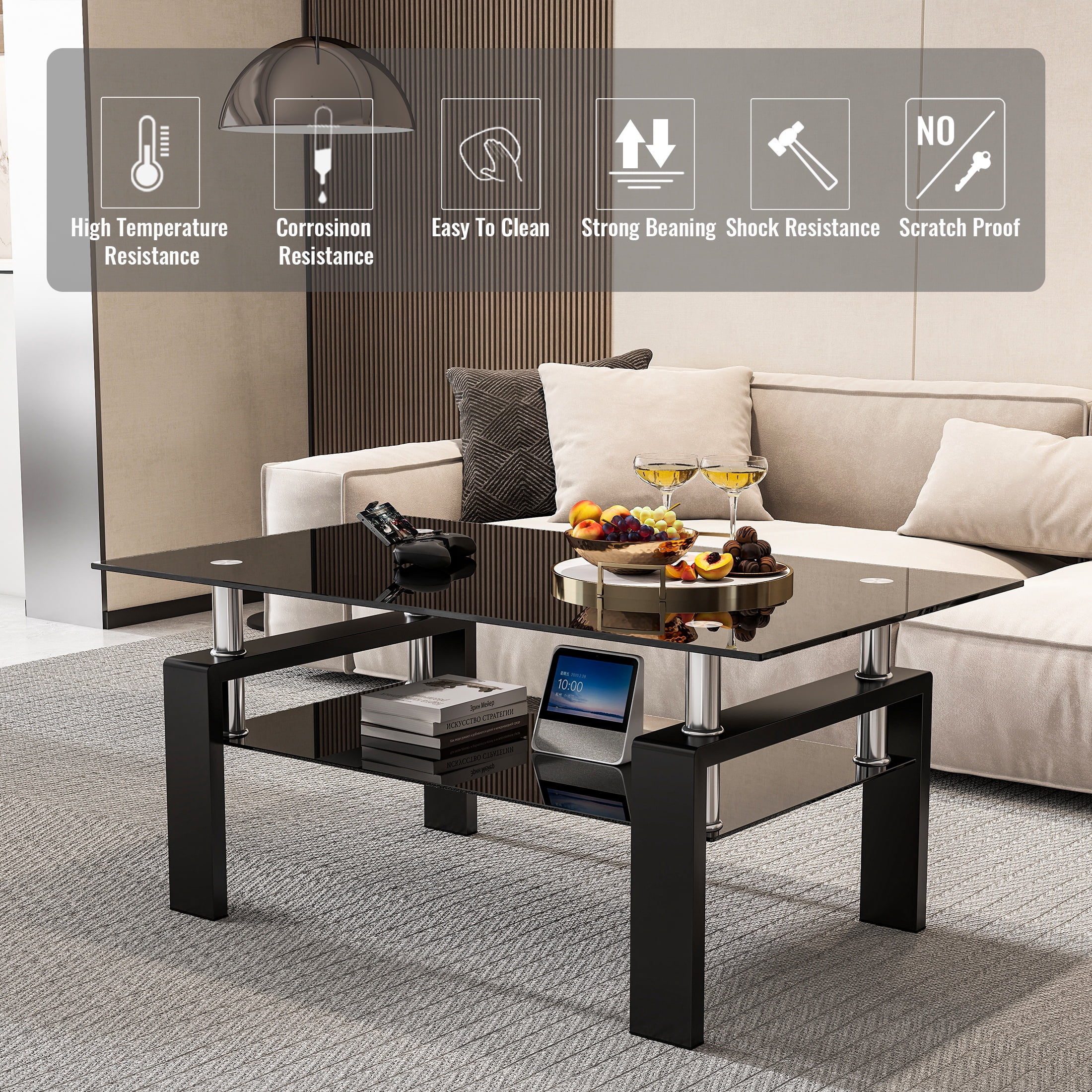 Glass Coffee Table for Living Room, SEGMART Modern Coffee Table with Lower Shelf, Rectangle Center Table with Metal Legs, Glass Table, Sofa Table, Tea Table, Living Room Table