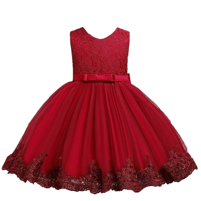 Huvoen Pageant Dresses for Girls Girls' Summer New Sleeveless Ruffled Lace Round-Neck Embroidery Mesh Princess Bow Skirt Red 3 Years
