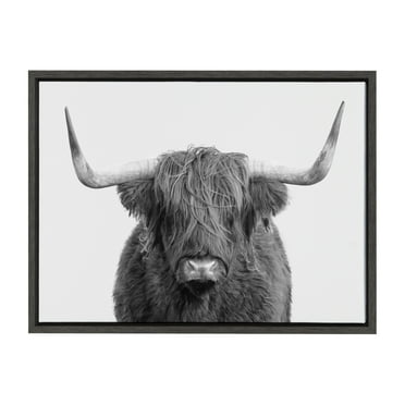 B&W Highland Cow No. 1 24 in x 18 in Framed Painting Canvas Art Print, by Kate and Laurel