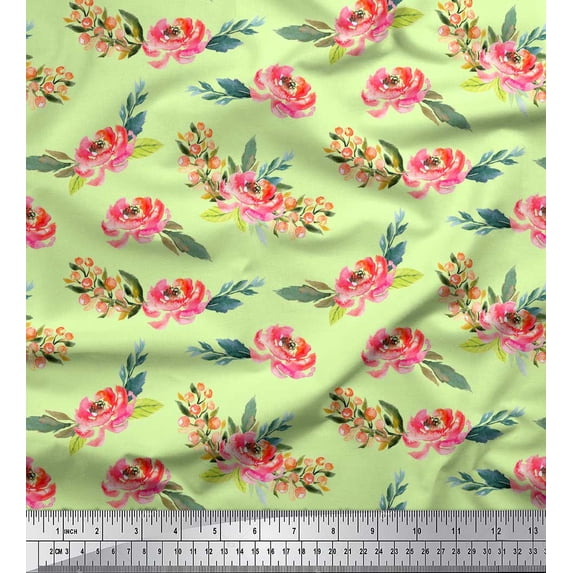 Soimoi Beige polyester Crepe Fabric Leaves & Peony Floral Print Fabric by Yard 52 Inch Wide