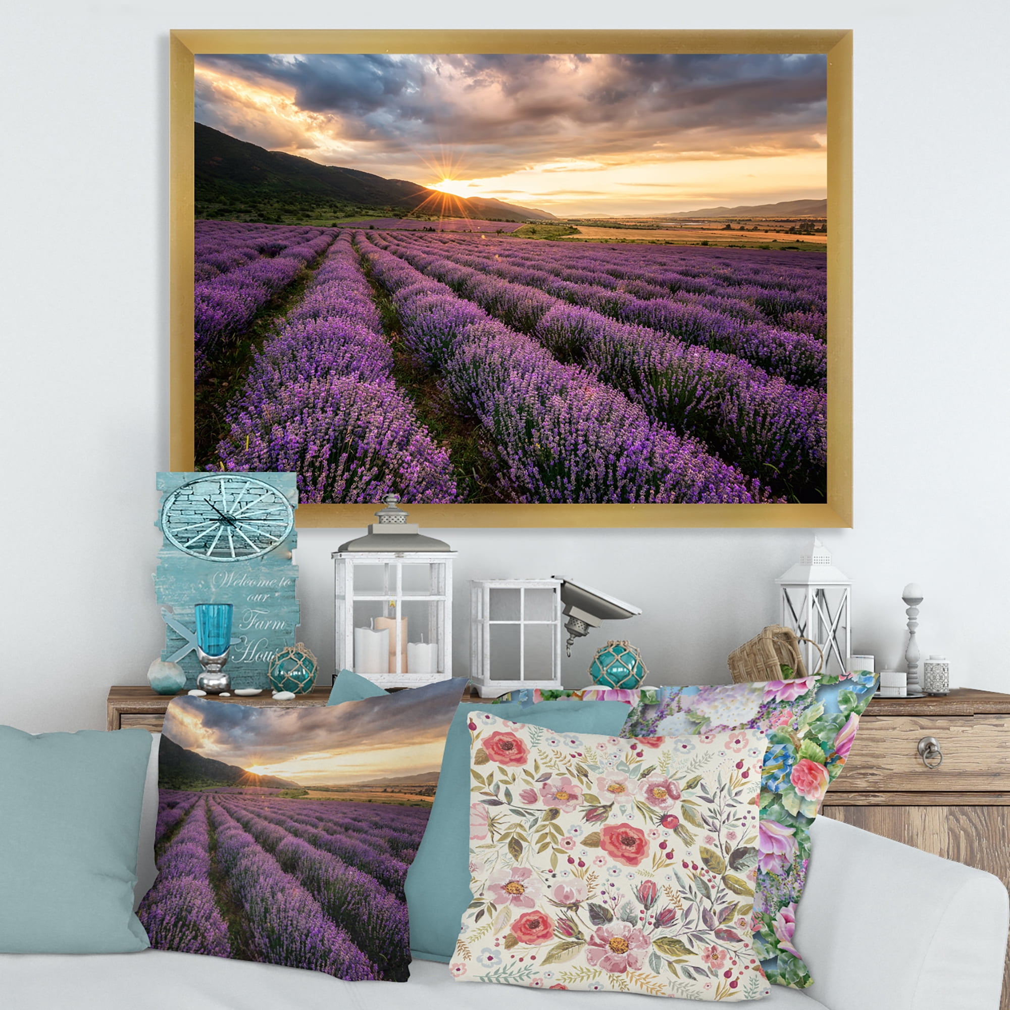 Designart 'Dramatic Clouds and Sunrise Over Lavender Field VI' Farmhouse Framed Art Print