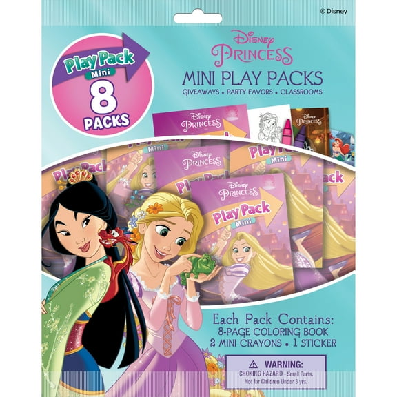 Disney Princess 8 Count Mini Play Pack with Small Coloring Book and Crayons, Paper Party Favors