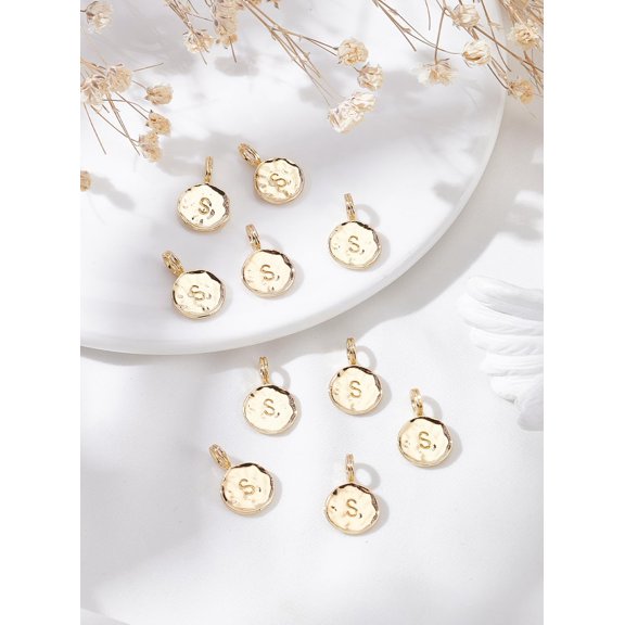 10Pcs 18K Gold Plated Charms Round Alphabet Pendant Charms Letter S Pendant with Hole for DIY Bracelet Necklace Earring Jewelry Making
