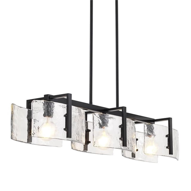 Aenon 3-Light Linear Pendant in Matte Black with Hammered Water Glass