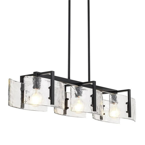Aenon 3-Light Linear Pendant in Matte Black with Hammered Water Glass