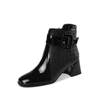 

Women‘s Square Toe Ankle Boots Buckle Decor Side Zipper Chunky Heel Shoes PU Leather Short Boots