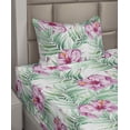 thumbnail image 2 of Ambesonne Tropical Fitted & Flat Sheet with Sham 3 Pcs Set, Hibiscus Palm Watercolor, Twin, Reseda Green and Pale Fuchsia, 2 of 4