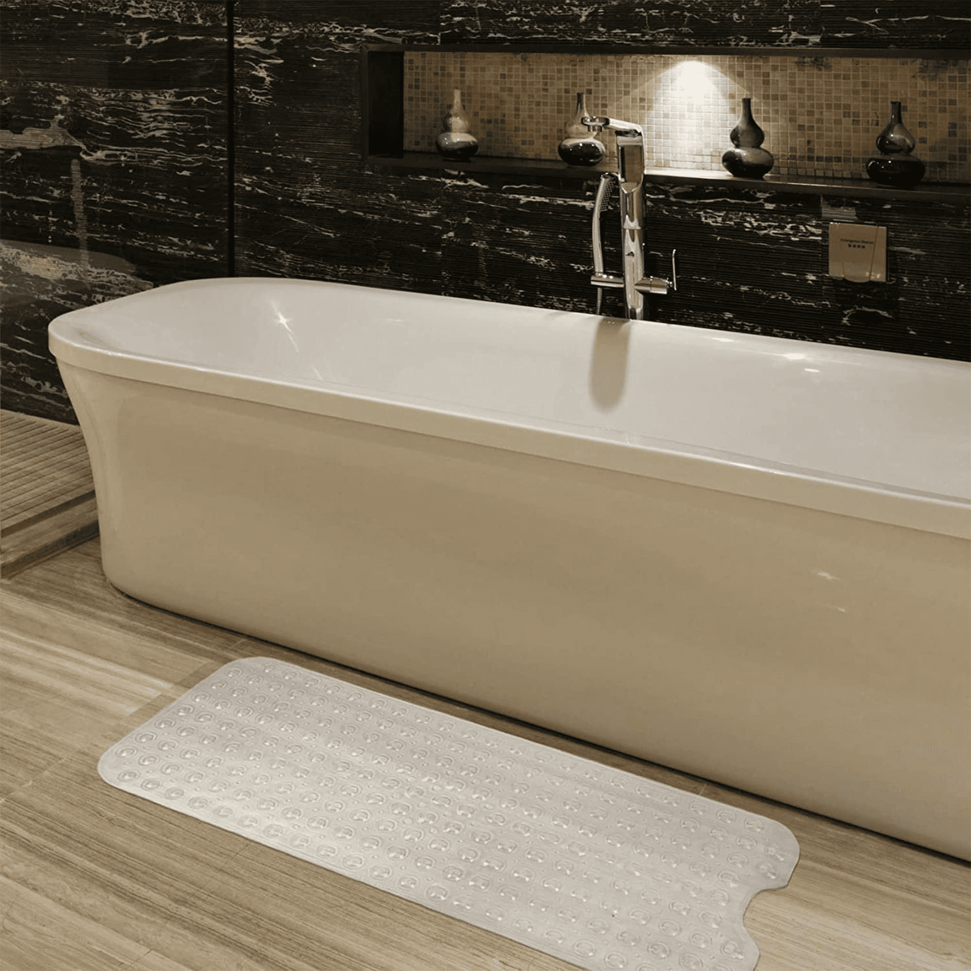 Bathroom Shower Tub Mat Clear Non Slip, 38.97 x 15.35 Bathtub Mats，Drain  Holes, Suction Cups,Blue 