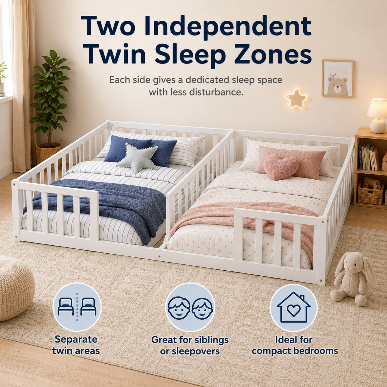 Miniyam Double Twin Floor Bed for Kids, Wood Bed Frame with Guardrails, Low Profile Design, White