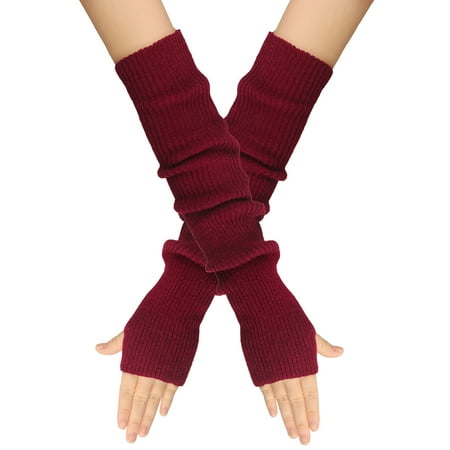 

Punk Gothic Long Fingerless Gloves Knitted Arm Warmer Elbow Length Gloves Thumb Hole Gloves Wine