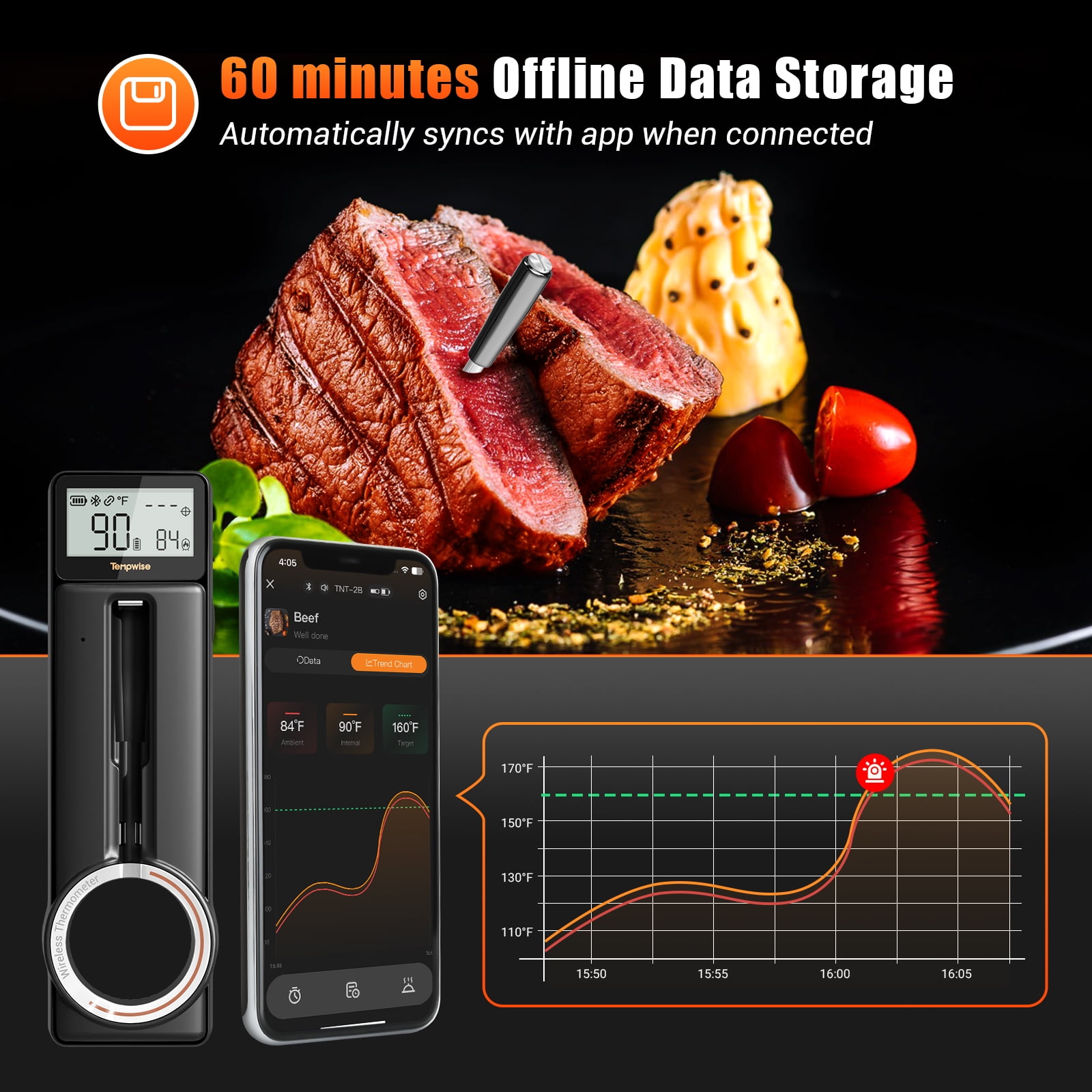Tempwise Wireless BBQ Cooking Meat Thermometer with Instant Read, HD Screen, 60Min Offline Storage