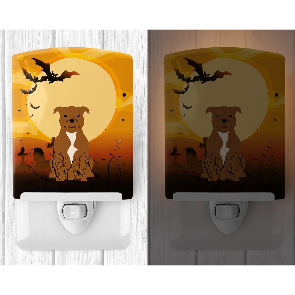 Caroline's Treasures BB4313CNL Halloween Staffordshire Bull Terrier Brown Ceramic Night Light, 6x4x3", multicolor