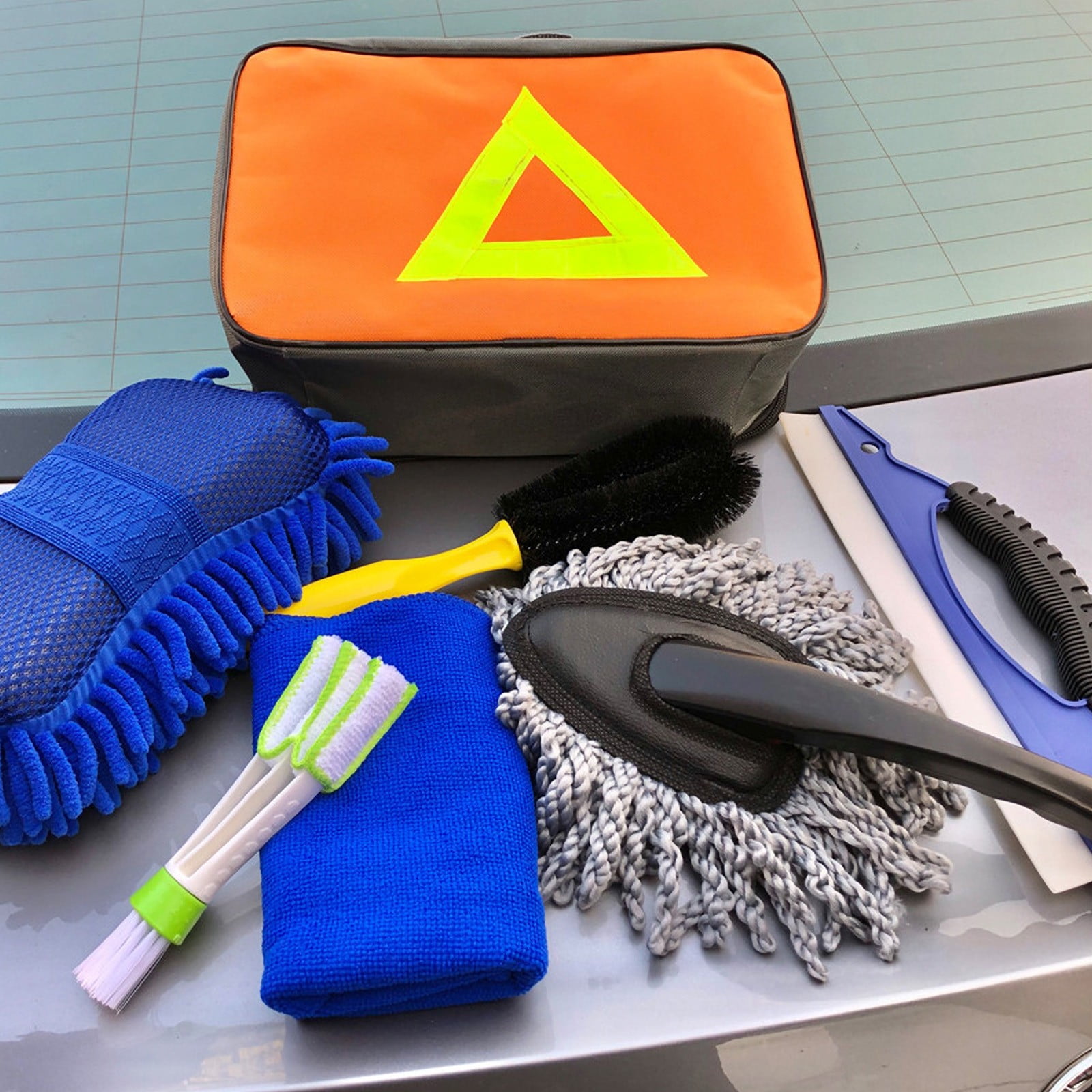 7 In 1 Car Detailing Wash Kit,Multi Function Cleaning Tool Set Storage Bag Including Brushes Sponge Towel Squeegee,Complete Interior Exterior Dust Stain Removal Supplies for Auto SUV RV