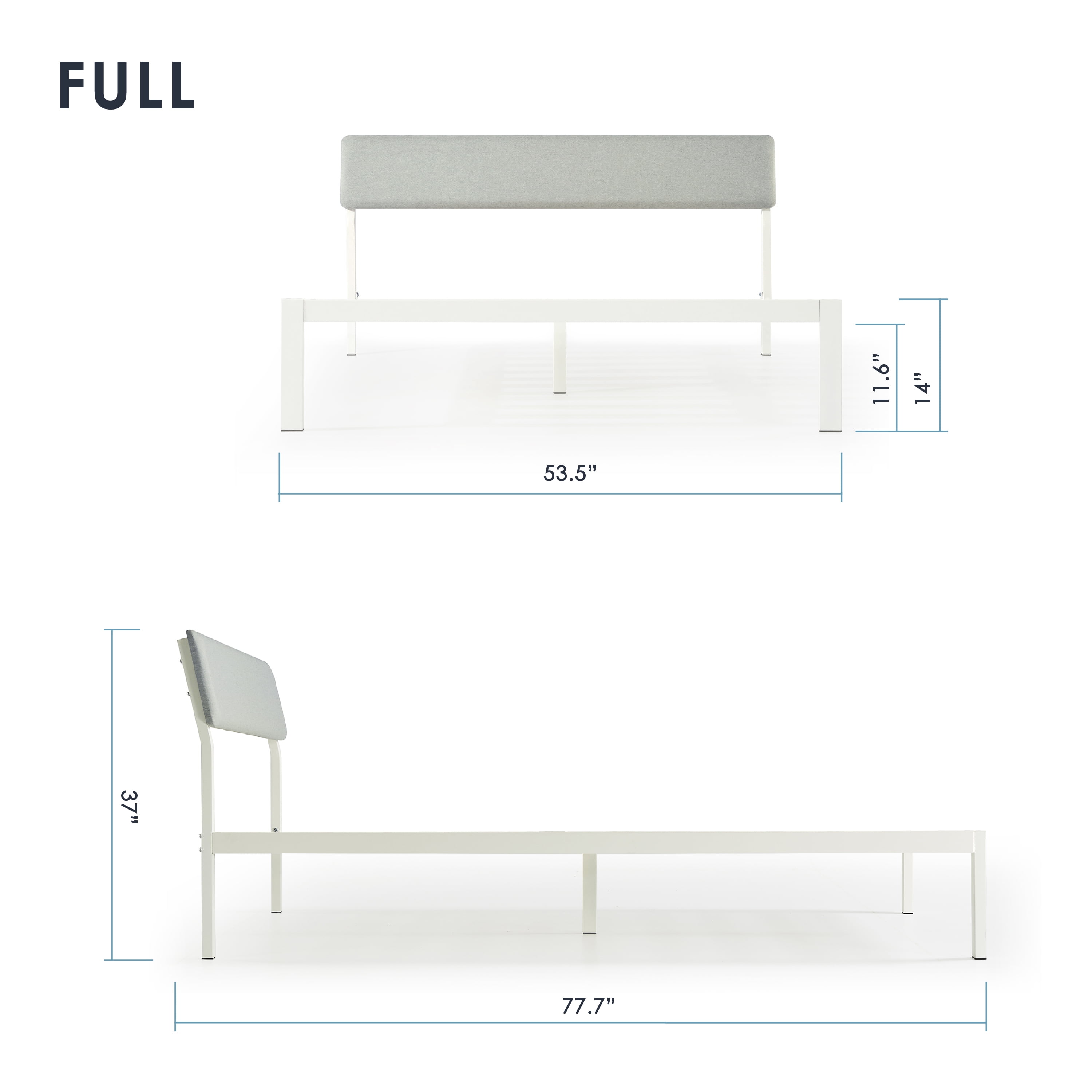 Mellow Kera Metal Platform Bed with Angled Upholstered Headboard, Solid Wooden Slats, Sky Gray, Full