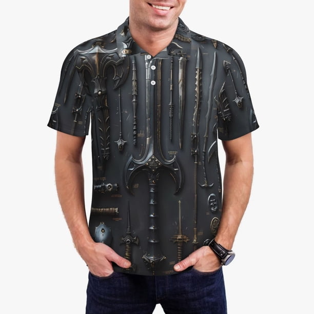 Balery Fantasy Medieval Weaponry Camisa Polo de Hombre con Estampado, de Manga Corta y Tejido Medio, Camisa Tipo Golf Polo-4X-Large