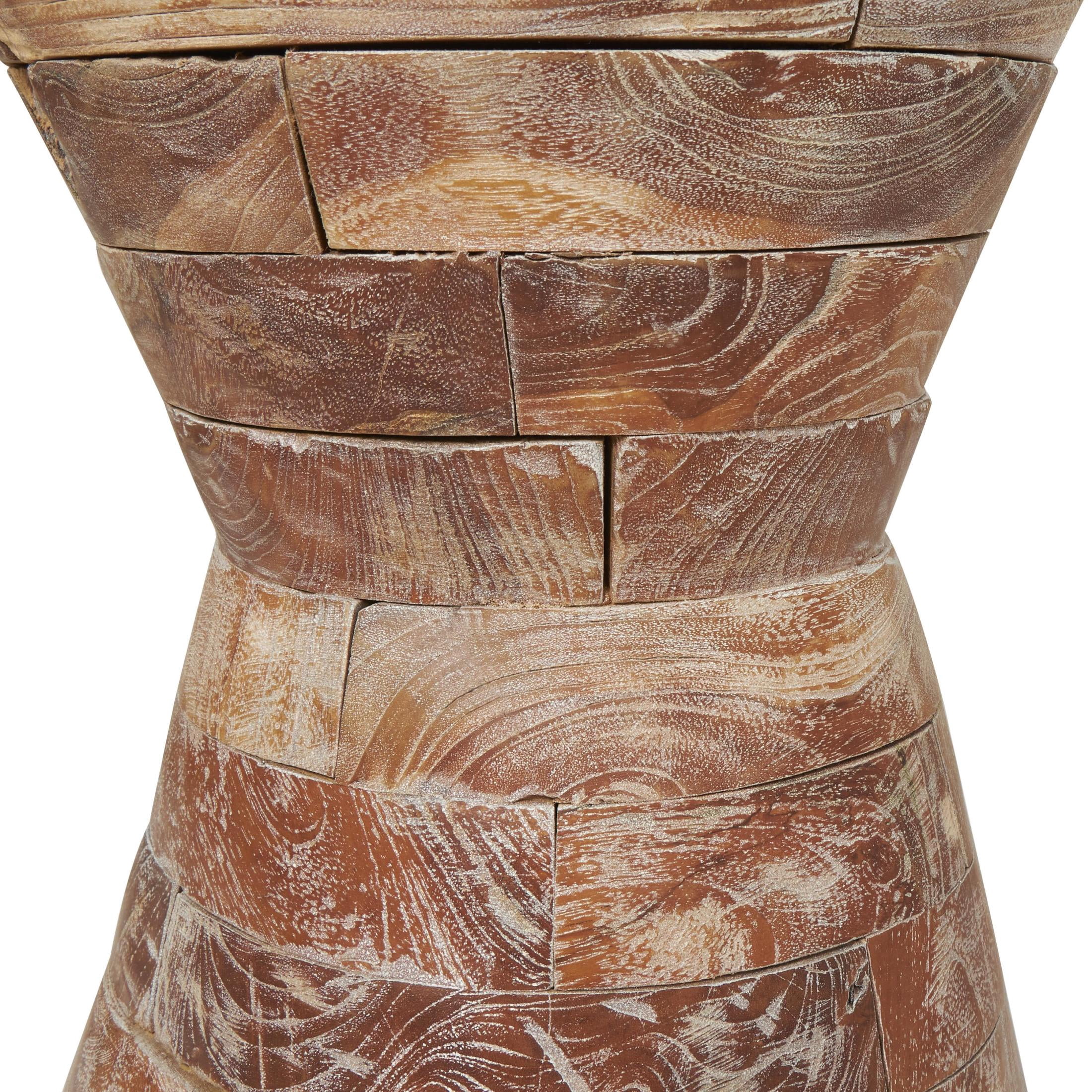 DecMode 14" x 19" Brown Teak Wood Handmade Hourglass Geometric Accent Table with Stacked Wood Pieces, 1-Piece