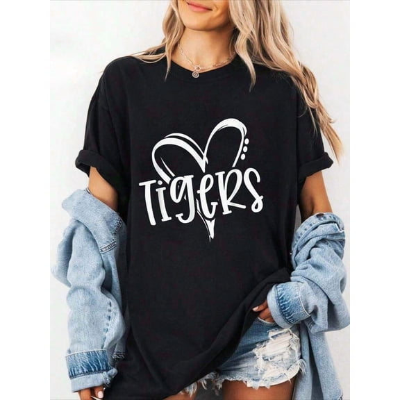 100% Cotton Tigers School Sports Fan Team Spirit Heart T-Shirt Summer Tees Women