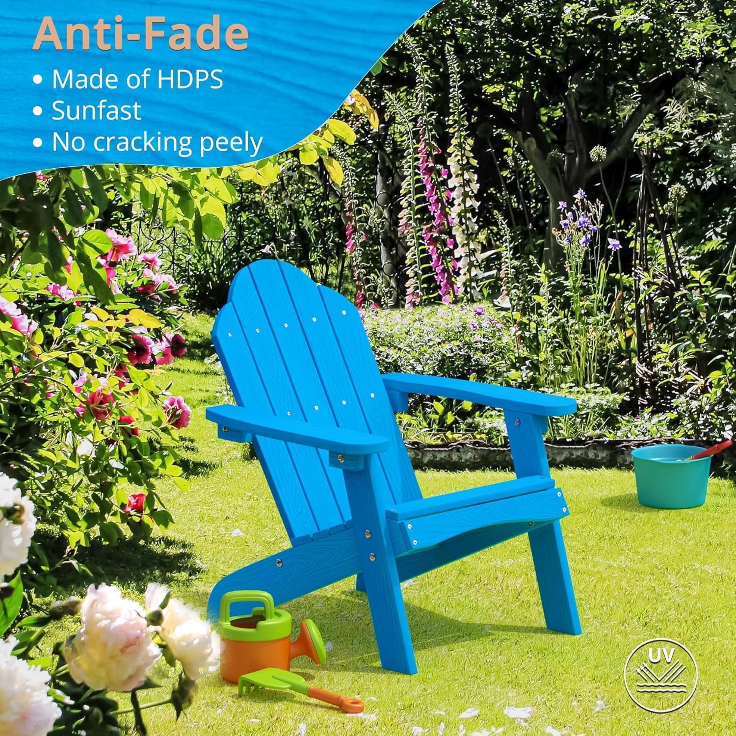 Dycanpo 15.6'' Kids Adirondack Chair, Toddler Outdoor Patio Chair for Backyard, HDPS - Blue