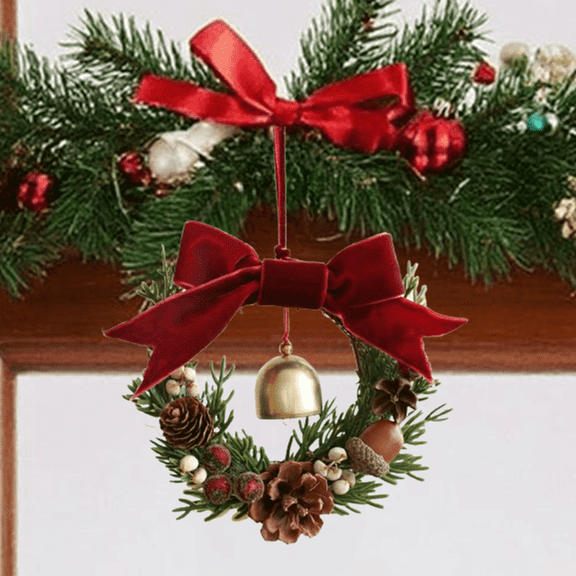 Bxaolu Small Christmas Wreath Mini Wreaths for Kitchen Window Chair Backs with Ribbon Bell Artificial Greenery Christmas Wreaths for Farmhouse Holiday Decoration(Red,1Pack)