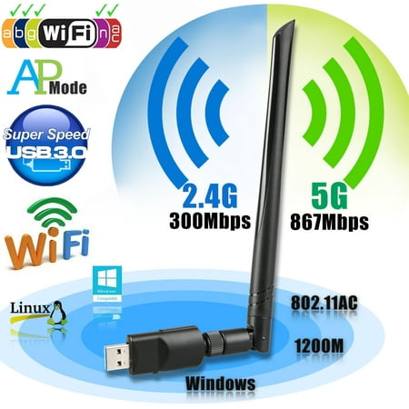 1200Mbps USB 3.0 Wireless Network Wifi Dongle with 5dBi Antenna for PC /Desktop/Laptop/Tablet,Dual Band 2.4G/5G 802.11 ac,Support Windows 10/8/8.1/7/Vista/XP/2000, Mac OS