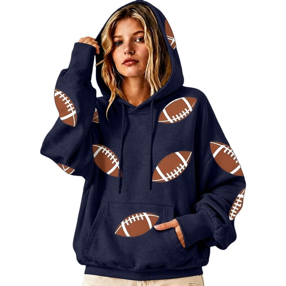Football Mom Shirts for Women Game Day Long Sleeve Mom Shirts Workout Tops With Drawstring Lounge Daily Outfit Baggy Hoodie Game Day Sweatshirts Gift Soccer With Pockets Rugby Shirt Fall Outfits Navy