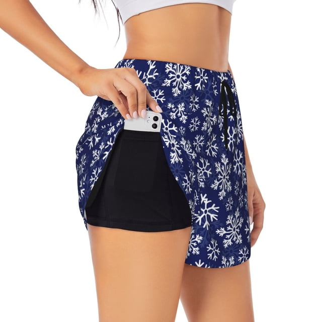Balery Snowflakes On Dark Blue Pantalones cortos deportivos para mujer con forro y dos bolsillos, elásticos, para entrenamiento, gimnasio, yoga-XX-Large