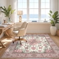 thumbnail image 3 of Design&I 8'x10' Washable Area Rug Sleek Flatweave Pet Friendly Pink Boho Vintage Scroll Border Delicate Blossoms Girly Bathroom for King Size Bedroom, Under Bed, 3 of 7