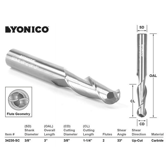 Yonico CNC Router Bit Ball Nose Solid Carbide 3/8" X 1-1/4" X 3/8" X 3" 34230-SC