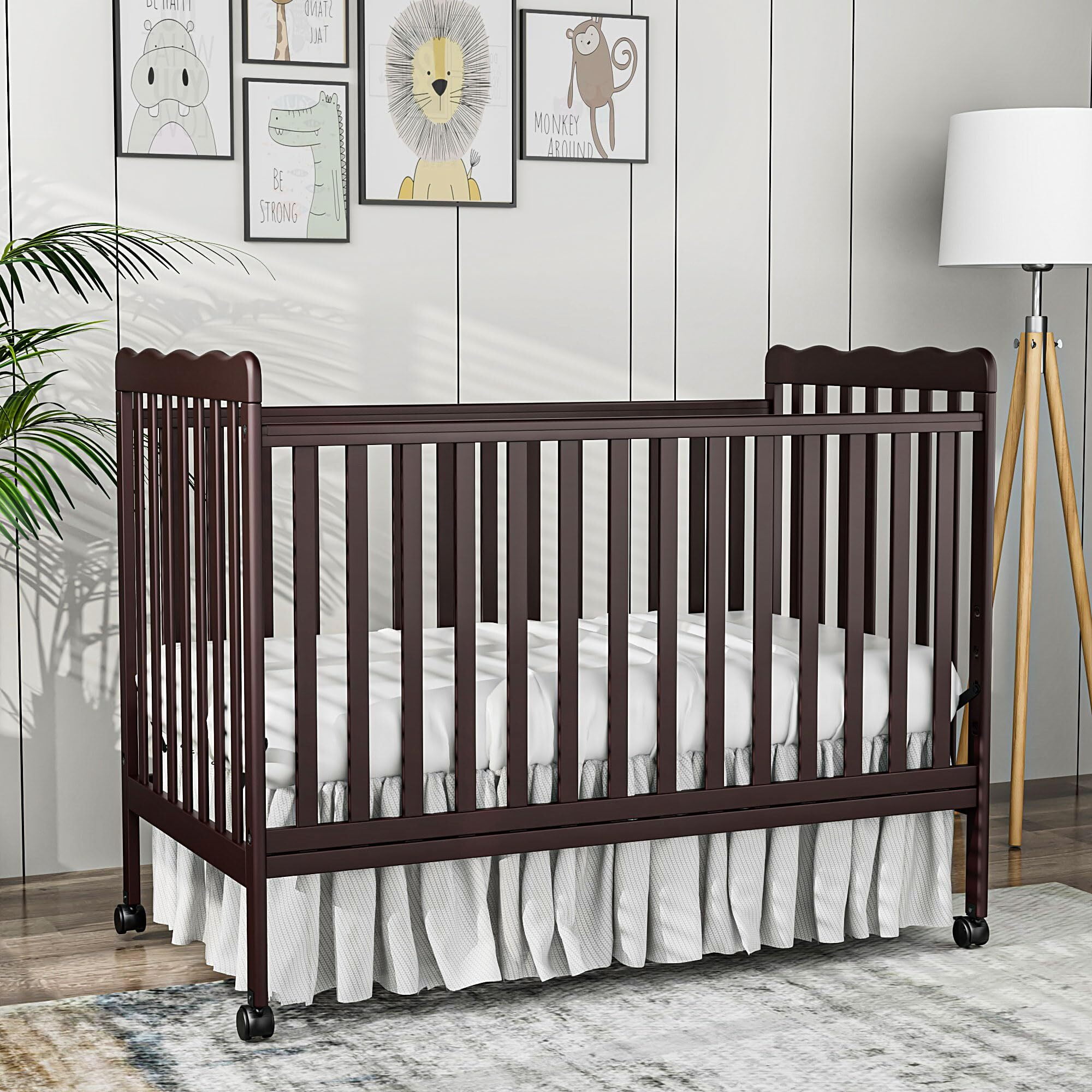 Baby Convertible Crib 3 In 1, Converts from Baby Crib to Toddler Bed, New Zealand Pinewood Baby Bed with Locking Wheels and Teething Rail, Crib with 4 Height Adjustment and Non Toxic Finish, Espresso