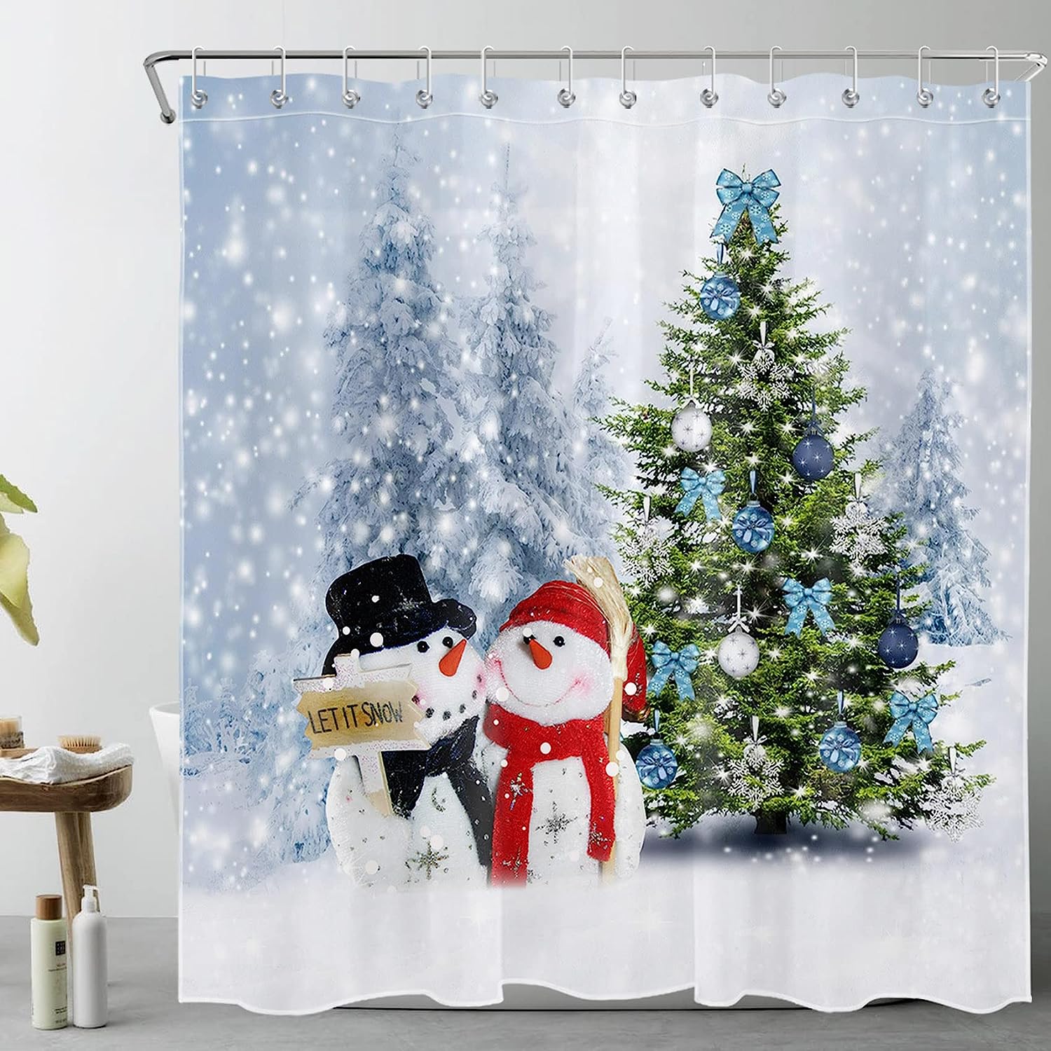 JOOCAR Cute Snowman Shower Curtain Christmas Tree with Blue Ball Shower