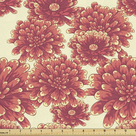 Floral Upholstery Fabric by the Yard, Blossoming Petals Dahlia Daisy Flowers Springtime Meadow Buds Girly Retro, Decorative Fabric for DIY and Home Accents, Cream and Dark Coral by Ambesonne