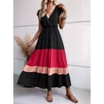 thumbnail image 6 of Women Party Color Block Dress High Waist Short Sleeve Maxi V Neck Dress Casual Ruched Ruffle Hem Dress Style 2 XL, 6 of 7